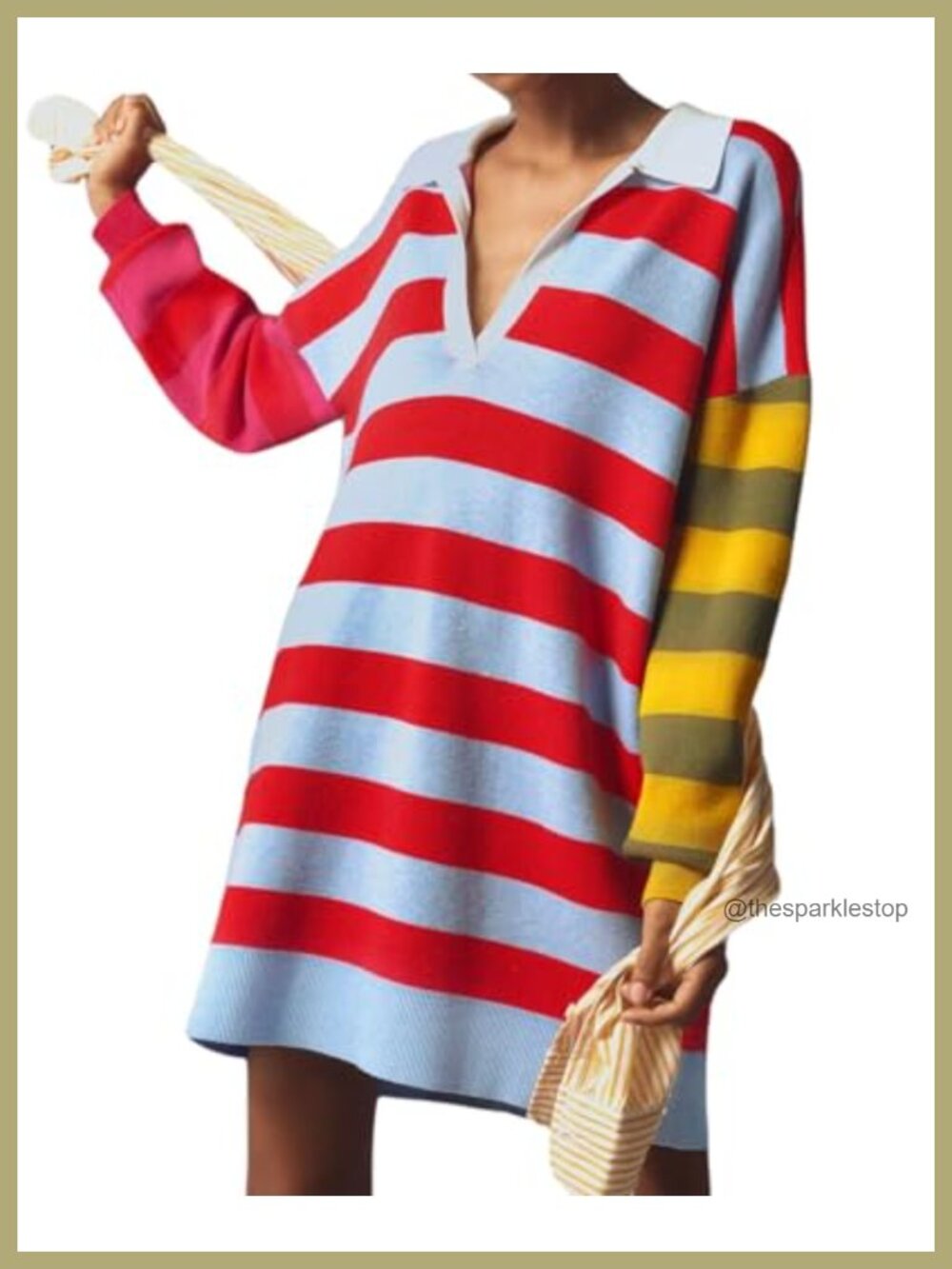 Striped Polo Sweater Dress V Neck Oversized Ribbed Knit Mini